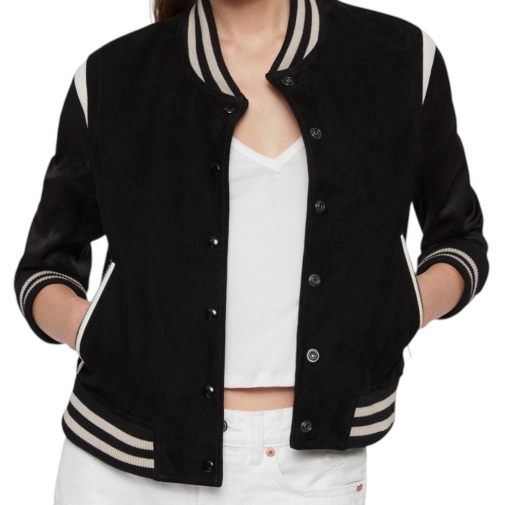All Saints Keiko Premium Leather Varsity Bomber Jacket 6 Edgy Chic Minimalist